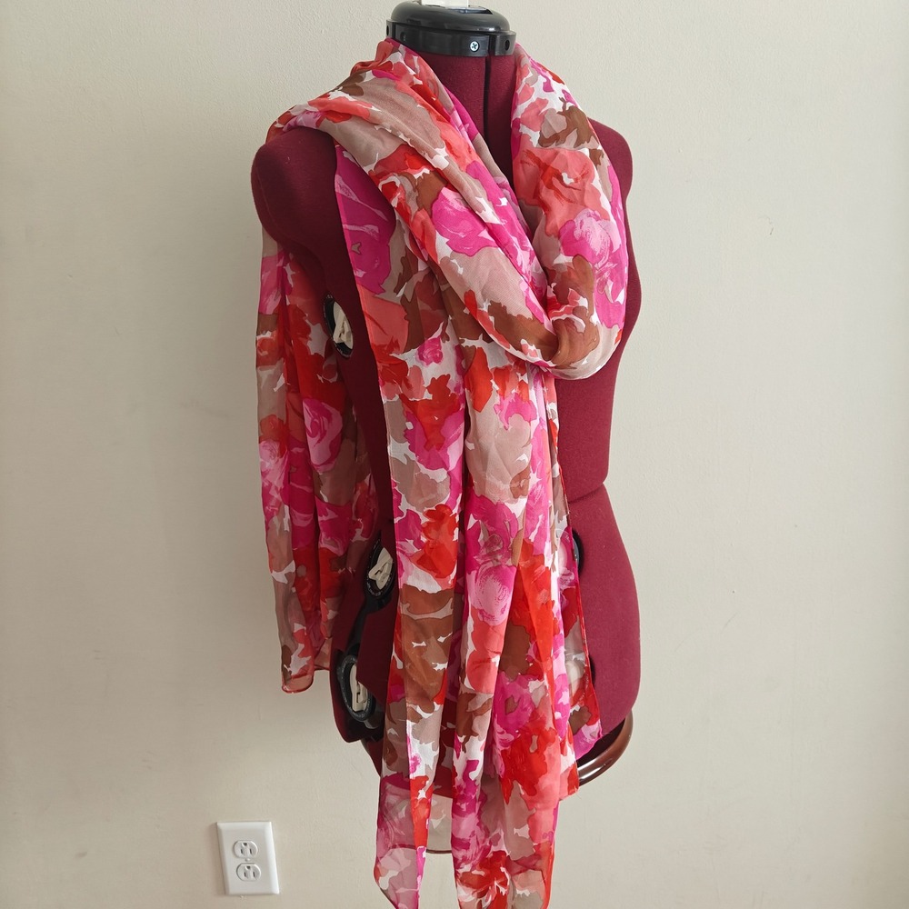 Adrienne Landau Pink Red Floral 100% Silk Rectangle Scarf Wrap Made in USA Large